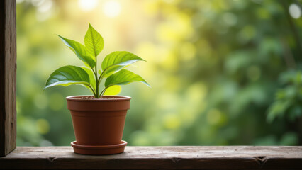 A potted plant with a single sprout of green leaves, sitting on a wooden windowsill.