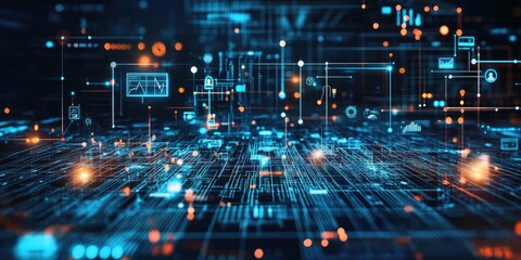 An abstract concept of data connections features lines and icons linking online communication, tech strategy, and innovative business solutions.