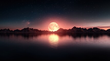 Serene Night: Moonlit Lake, Silhouetted Mountains, Starry Sky - Vector Art Illustration
