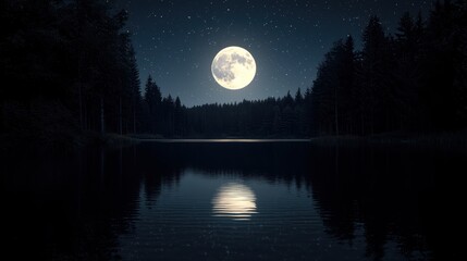 Tranquil Moonlit Night Vector with Reflection in Calm Lake and Dark Mountain Silhouettes Under Scattered Stars