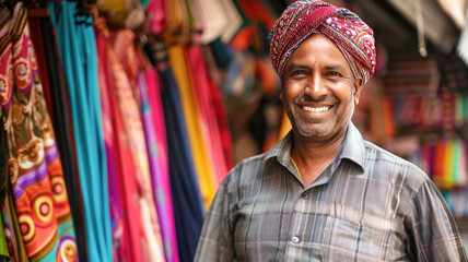 Fototapeta premium indian clothing store owner smiles