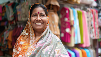 indian female clothing store owner smiles