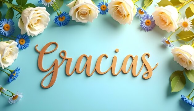 Gracias en Texto Cursiva Fondo Azul con Borde Floral de Rosas Rojas y Margaritas Blancas T&iacute;tulo Elegante