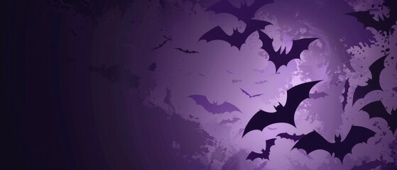 Purple night sky with silhouetted bats in flight wallpaper, banner
