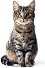 A curious cat looks directly at the camera while sitting on a white background