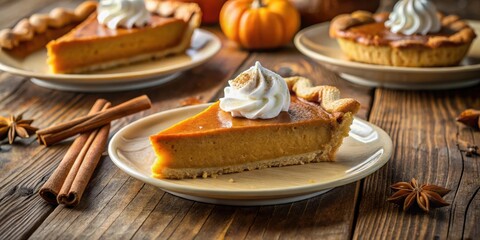 A slice of pumpkin pie topped with whipped cream and cinnamon on a plate with cinnamon sticks and star anise on a wooden table