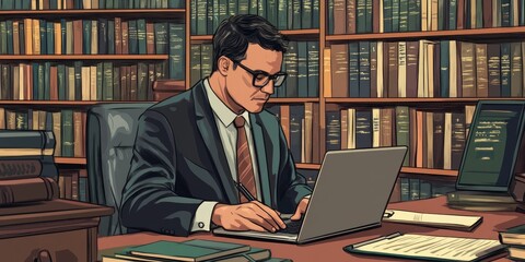 A lawyer drafting legal documents on a laptop in a formal office, surrounded by legal texts and reference materials.