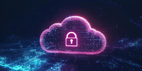 A digital lock appears over a cloud storage graphic, illustrating the concept of data encryption, with no people present.