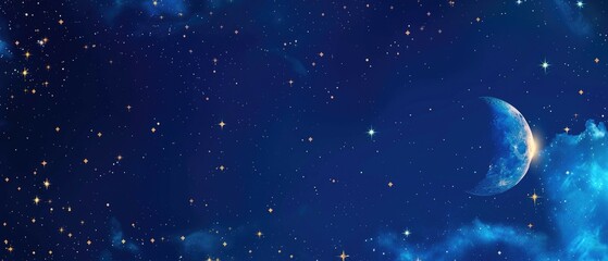 Fototapeta premium Mystical night sky with crescent moon and glittering stars in deep blue wallpaper, banner
