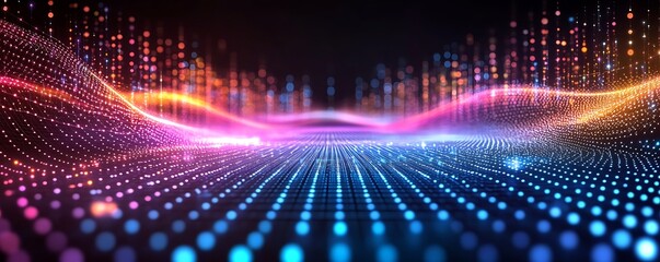 A vibrant digital landscape with colorful dots and waves, representing data visualization.