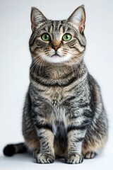 Obraz premium A cat with striking green eyes sits on a white surface, offering a close-up view of its unique features