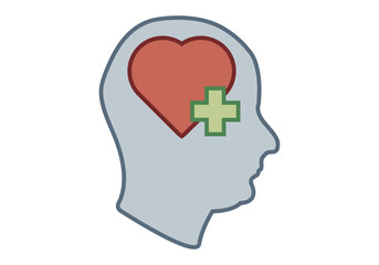 Cabeza con corazón y cruz verde de curar salud mental