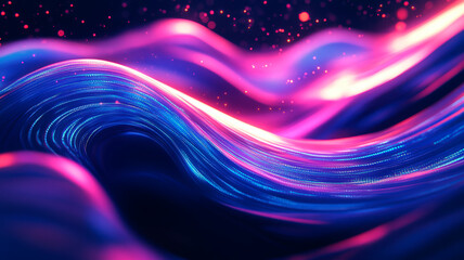 Obraz premium Abstract background with flowing purple and pink waves, enhanced by sparkling particles and glowing texture, creating a vibrant, futuristic, and dynamic atmosphere with energy and movement. 