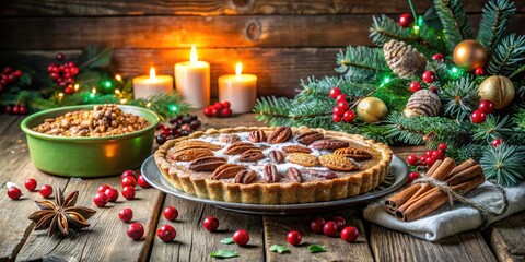 Naklejka premium A Festive Pecan Pie Decorated with Powdered Sugar and Pecan Halves, Surrounded by Christmas Decorations and Warm Candlelight