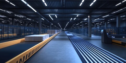 Obraz premium High-efficiency warehouse with robotic sorting lines, automated packaging systems, and sophisticated inventory tracking mechanisms.
