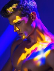 Neon Nights: A young man bathed in vibrant, multi-colored light, creating an abstract and enigmatic portrait. His piercing gaze and the contrasting hues suggest a complex and captivating character. 