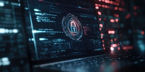 A laptop screen showcases an encryption software interface with a digital padlock, emphasizing secure data management, with no people present.