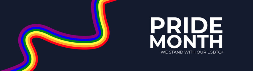 Celebrating pride month - long rainbow pride flag roll made to heart shape on black background. Lesbian Gay Bisexual Transgender. Celebrated annual. LGBT flag. Vector illustration