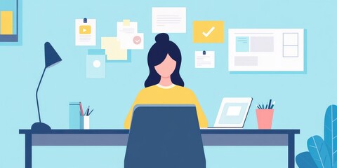 A businesswoman managing online projects on a laptop, with a tidy desk and motivational quotes on the wall.