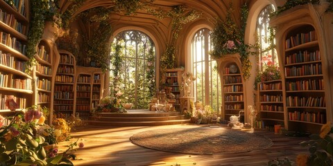 Obraz premium A whimsical fairy tale-themed virtual library with enchanted bookshelves, interactive fairy tales, and immersive storytelling experiences for readers of all ages.