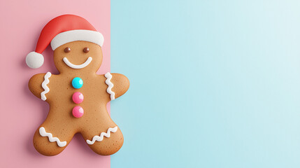 A playful gingerbread man with candy buttons and a Santa hat, positioned on one side against a solid pastel background.