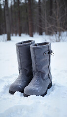 Pair of gray felt boots standing in fresh snow, winter forest background