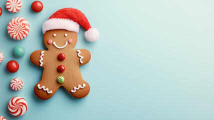 A playful gingerbread man with candy buttons and a Santa hat, positioned on one side against a solid pastel background.
