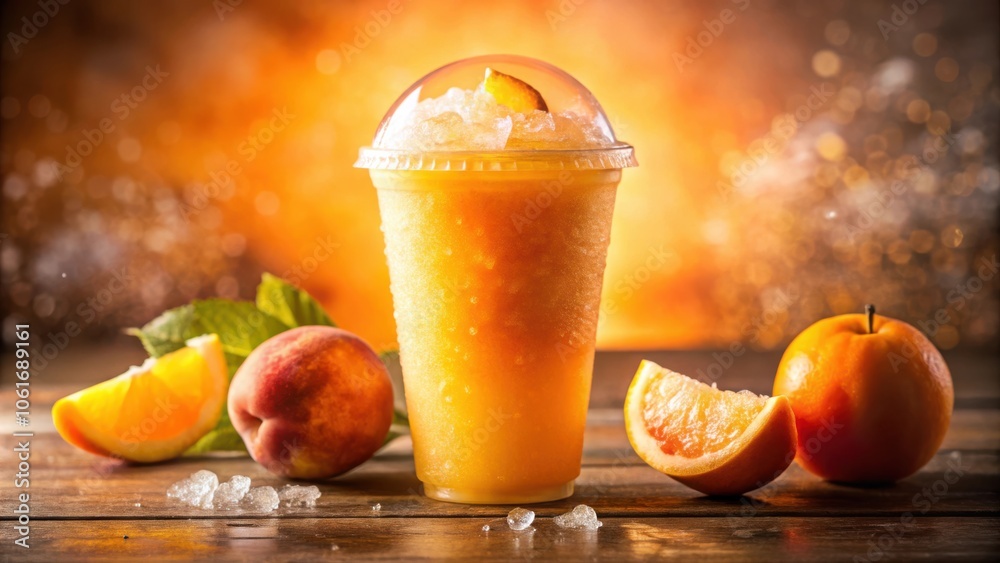 Poster a refreshing blend of summer citrus and peach, served in a frosted cup on a wooden table