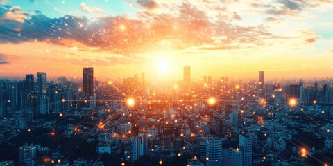 Fototapeta premium A futuristic business network displays luminous connections linking data points across a bustling cityscape, illustrating innovative solutions in commerce.