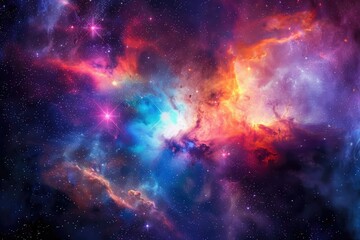 A vibrant nebula with swirling colors and scattered stars in the night sky.