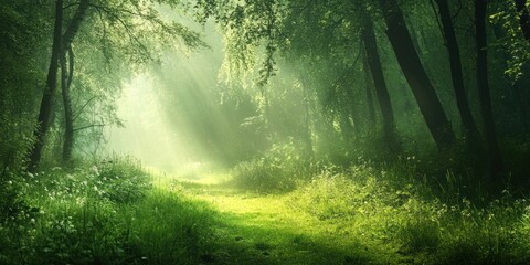 Obraz premium Sunlit forest path with green foliage and trees. Nature and tranquility concept