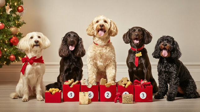 Five festive dogs sitting in a row by a Christmas tree, each with red gift boxes filled with treats, celebrating the holiday season