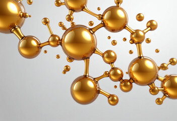 Golden liquid oil transparent molecular background, 3d rendering, on a light background. Excellent background for cosmetic, pharmacological products
