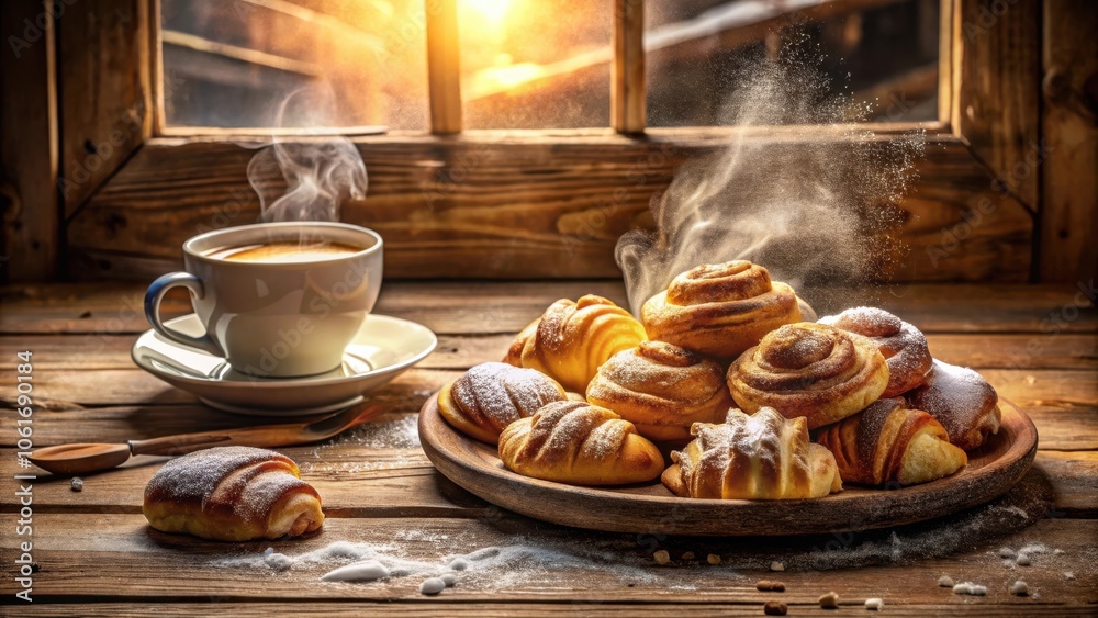 Poster a rustic wooden table setting with warm morning light streaming through a window, showcasing a steam