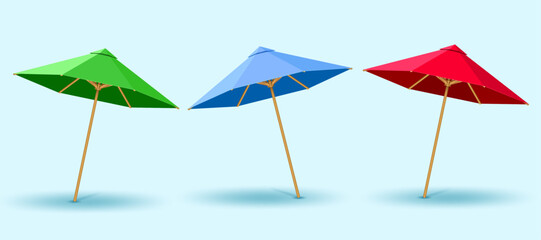 blue,green and red realistic beach umbrella set isolated on light blue background.summer vacation leisure umbrella vector illustration. © free job