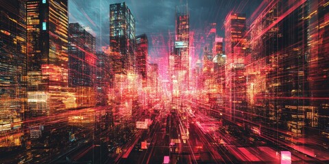 A digital city network features illuminated lines linking smart devices and buildings, highlighting the importance of tech communication in everyday life.