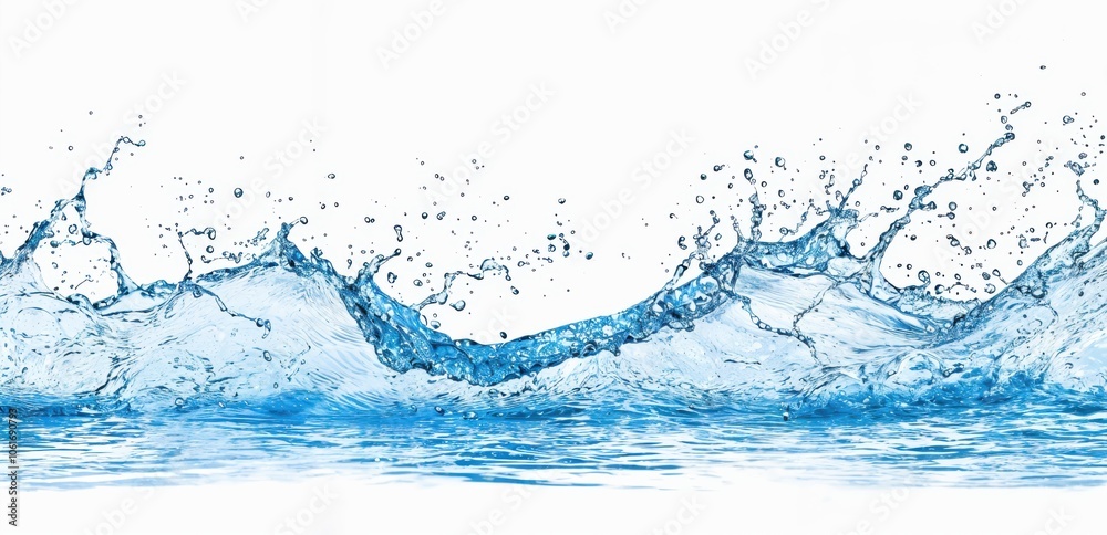 Poster splash of blue water, capturing the dynamic movement of waves and droplets with a white background.