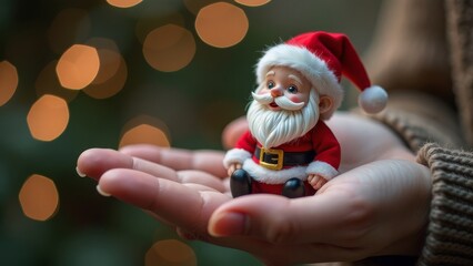 Obraz premium Hand holding cute santa figurine with festive lights in the background