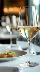 Fine dining experience with white wine and gourmet food in a restaurant setting.