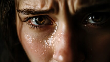 A closeup of a womans face with tears running down her cheeks