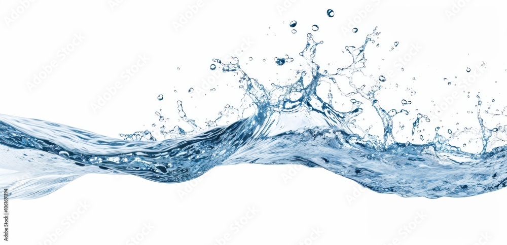 Poster flowing splash of clear water with bubbles with isolated white background.