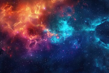Naklejka premium Cosmic Nebula with Red, Blue, and Orange Glowing Gas Clouds