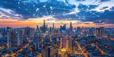 Obraz premium A digital cityscape depicts lines connecting smart devices and internet icons, showcasing the innovative potential of IoT in urban environments.