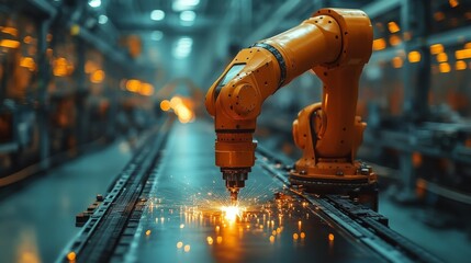 A glowing robotic arm in a dark industrial room welds with precision, the light from the sparks casting sharp contrasts