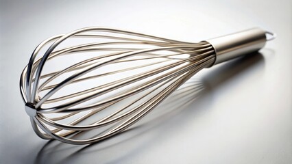 A close-up of a shiny silver whisk on a light gray surface, the delicate wires forming a complex pattern