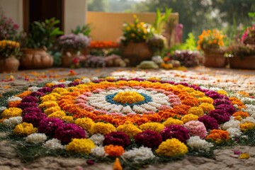 Fototapeta premium festive floral arrangement, handmade bathukamma, adorned with abundant flowers, surrounded by traditional fabrics and embellishments, with room for messages