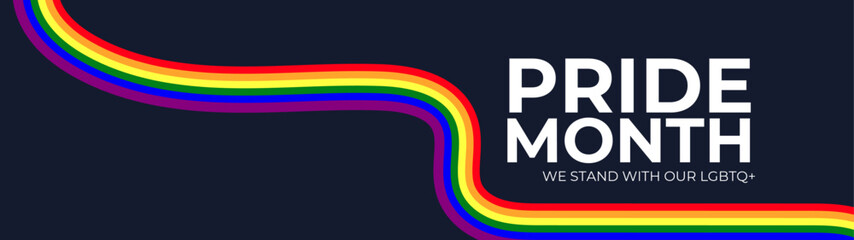 Naklejka premium LGBT Pride Month in June. Lesbian Gay Bisexual Transgender. Celebrated annual. LGBT flag. long rainbow pride flag roll made to heart shape on black background. banner, flyer. Vector illustration