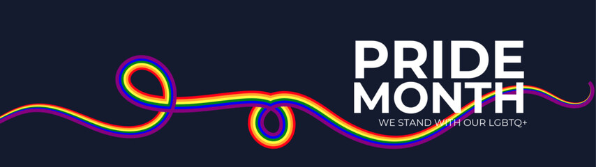 Naklejka premium LGBT Pride Month in June. Lesbian Gay Bisexual Transgender. Celebrated annual. LGBT flag. long rainbow pride flag roll made to heart shape on black background. banner, flyer. Vector illustration