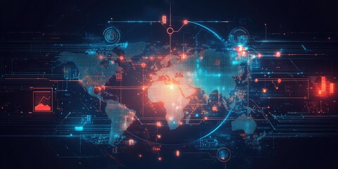 Fototapeta premium An abstract representation of a connected world features lines and icons linking data points, focusing on strategic business development in the digital age.