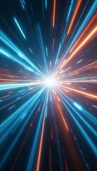 Obraz premium Dynamic light streaks of blue and orange converge at a central point, creating a vibrant motion effect.